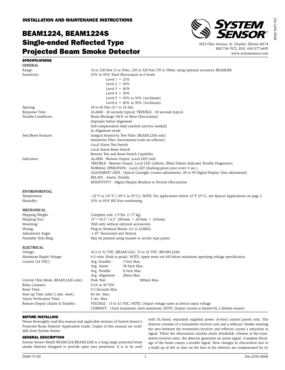 System Sensor BEAM1224, BEAM1224S User Manual | 13 pages