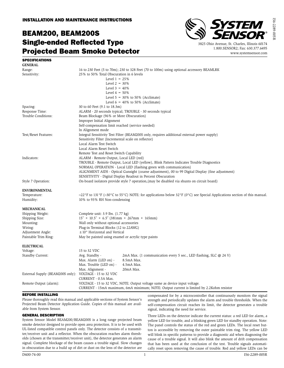 System Sensor BEAM200 and BEAM200S User Manual | 15 pages