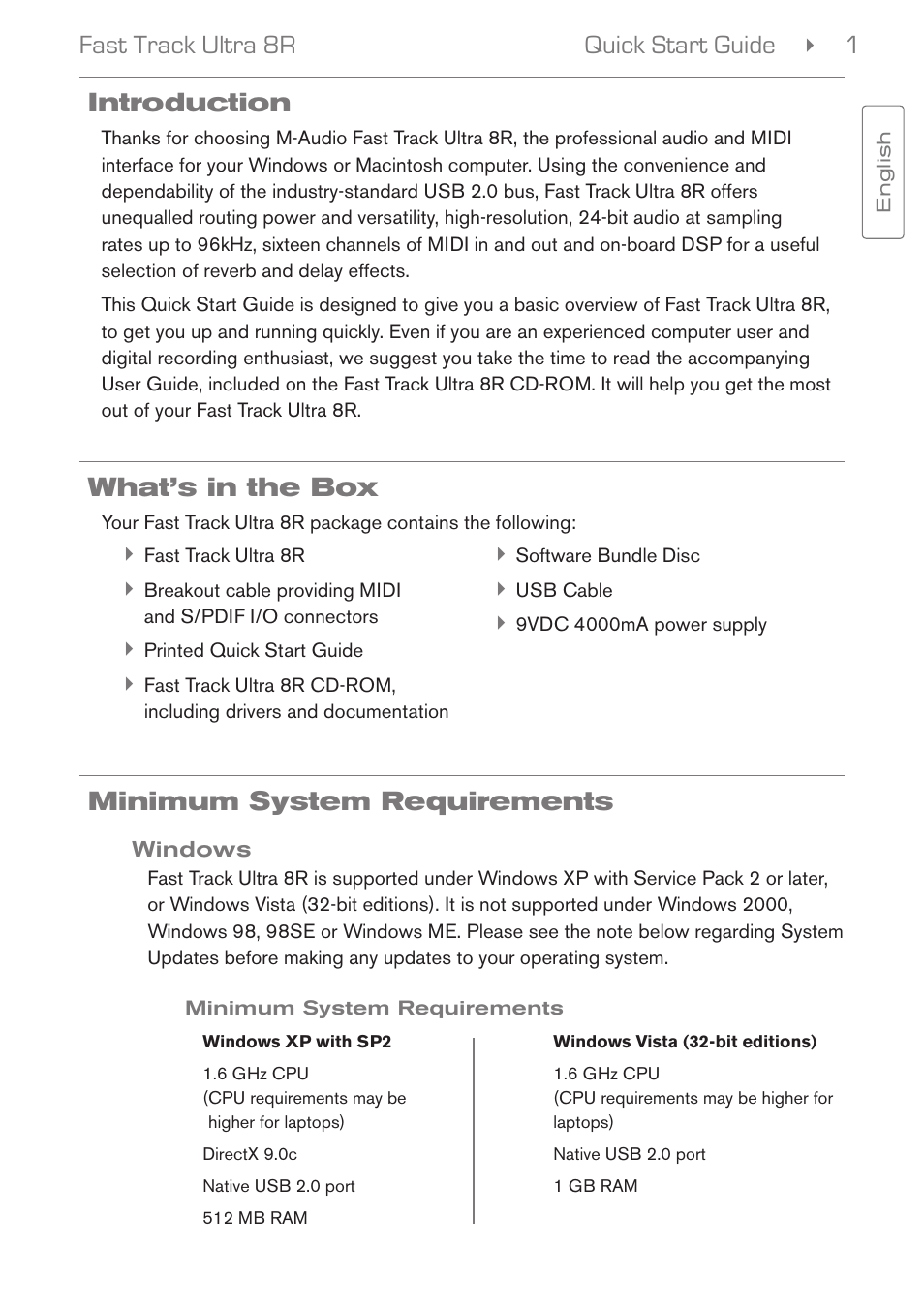 Introduction, What’s in the box, Minimum system requirements | Windows, Quick start guide 1 fast track ultra 8r | M-AUDIO Fast Track Ultra 8R User Manual | Page 2 / 8