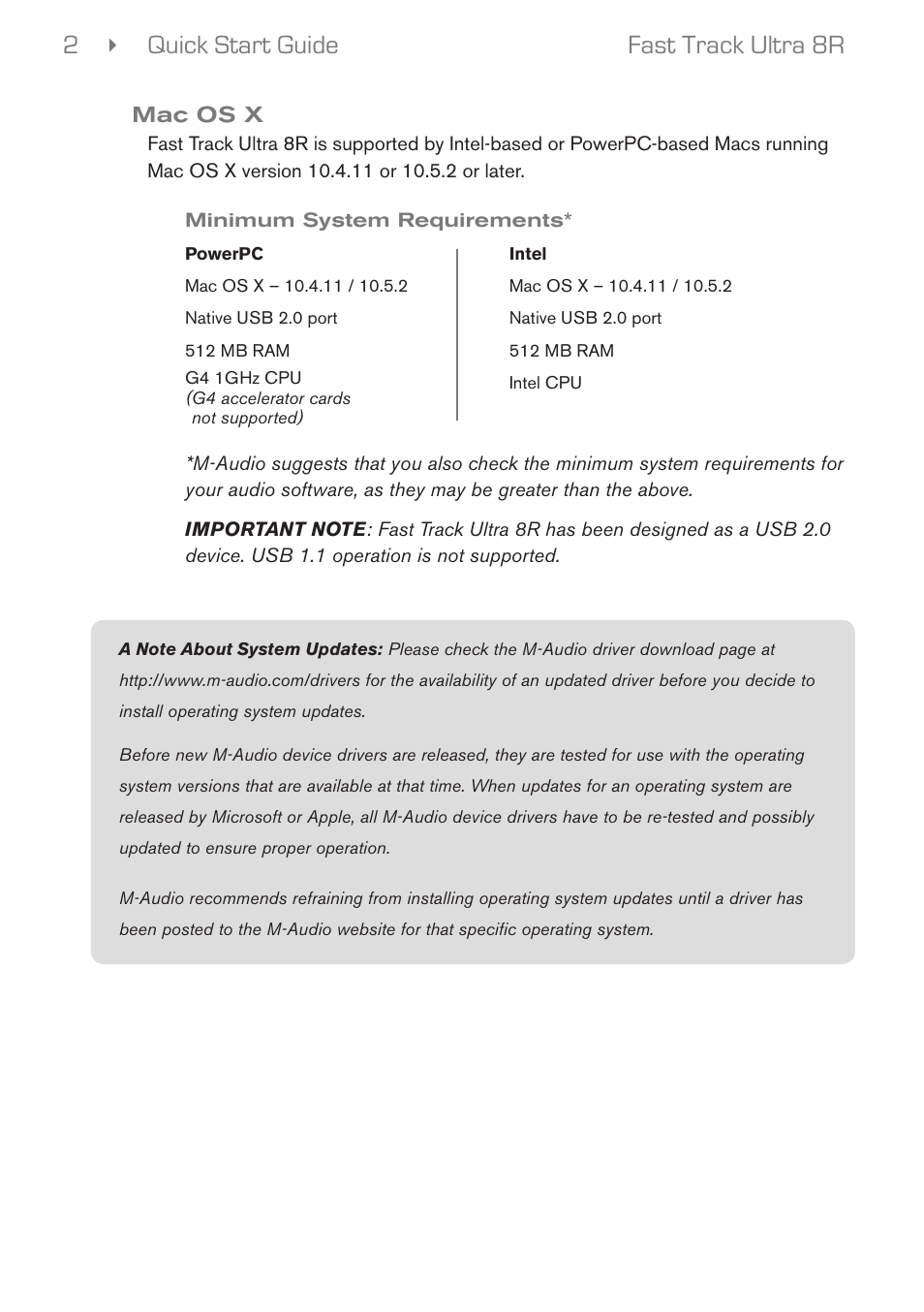 Mac os x, Quick start guide 2 fast track ultra 8r | M-AUDIO Fast Track Ultra 8R User Manual | Page 3 / 8