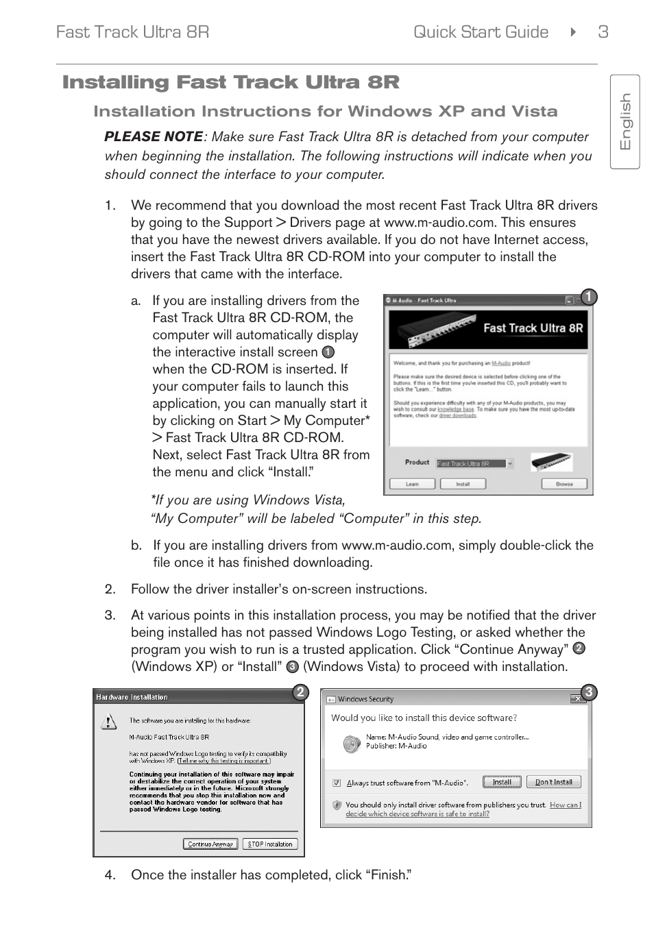 Installing fast track ultra 8r, Installation instructions for windows xp and vista, Quick start guide 3 fast track ultra 8r | M-AUDIO Fast Track Ultra 8R User Manual | Page 4 / 8