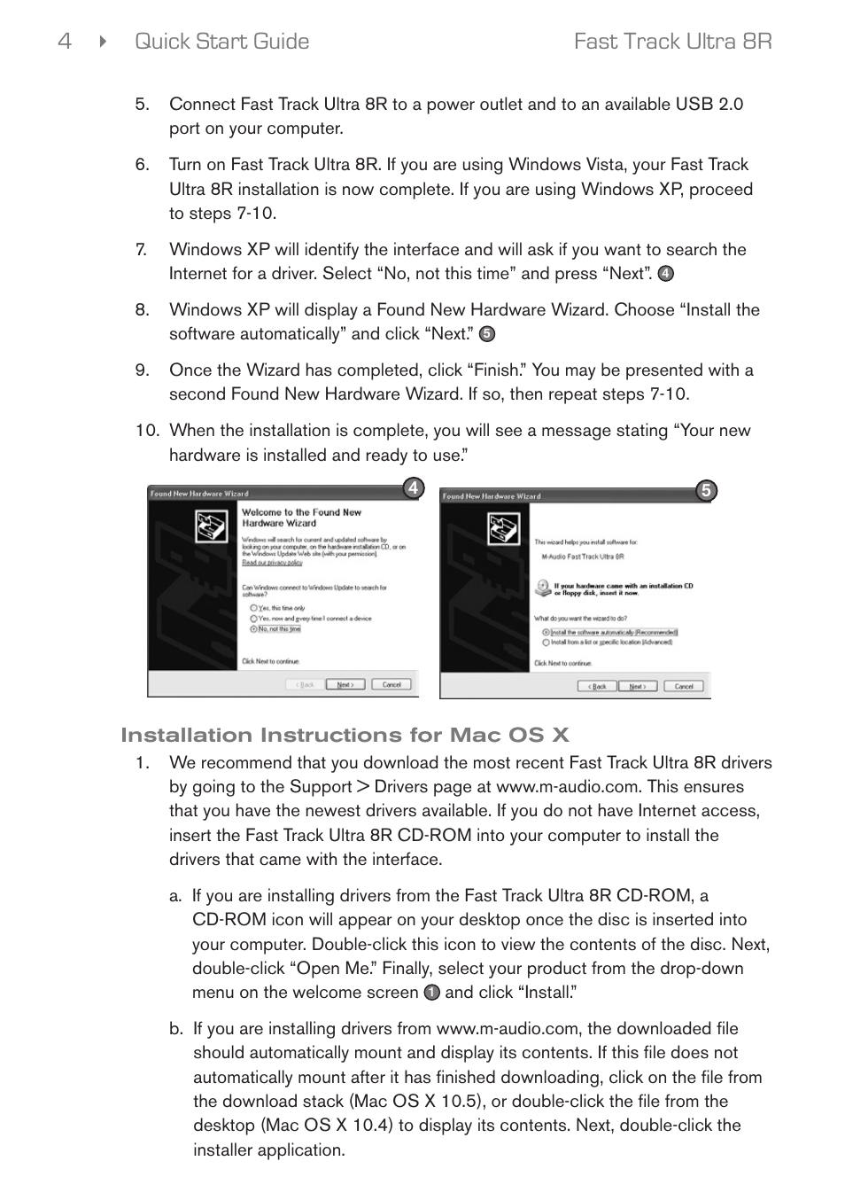 Installation instructions for mac os x, Quick start guide 4 fast track ultra 8r | M-AUDIO Fast Track Ultra 8R User Manual | Page 5 / 8