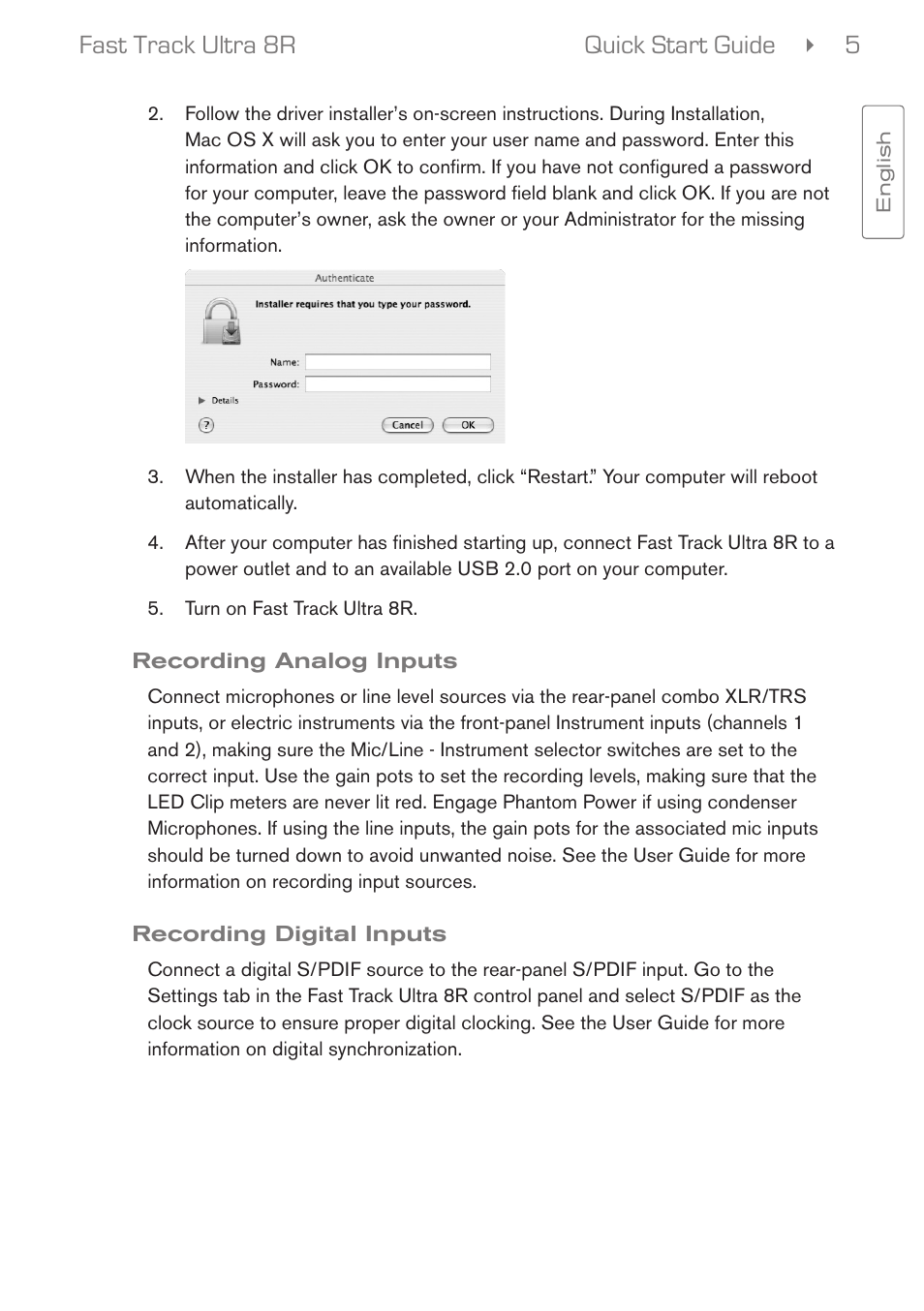 Recording analog inputs, Recording digital inputs, Quick start guide 5 fast track ultra 8r | M-AUDIO Fast Track Ultra 8R User Manual | Page 6 / 8