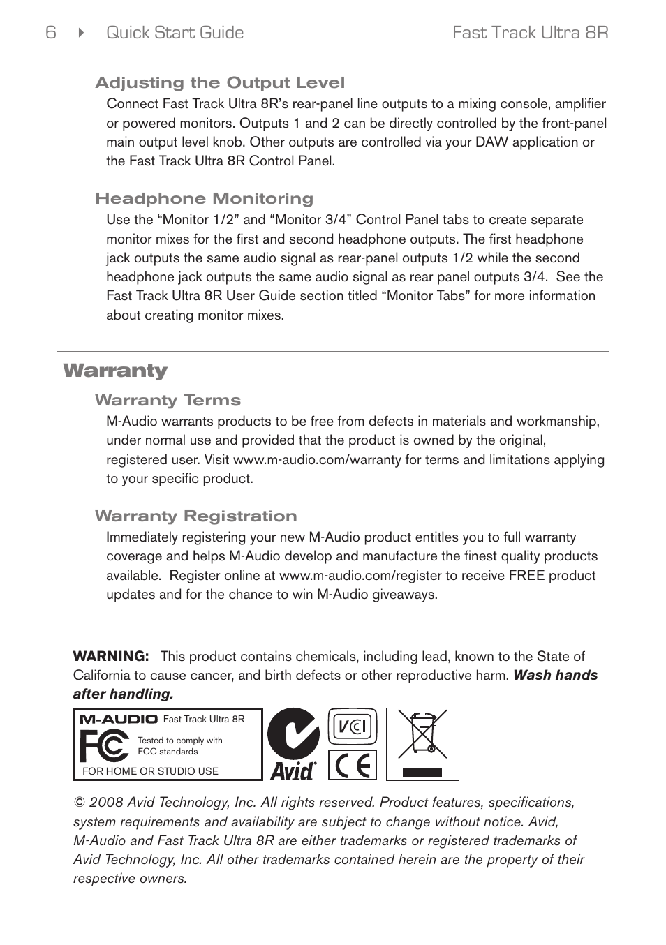 Adjusting the output level, Headphone monitoring, Warranty | Warranty terms, Warranty registration, Quick start guide 6 fast track ultra 8r | M-AUDIO Fast Track Ultra 8R User Manual | Page 7 / 8