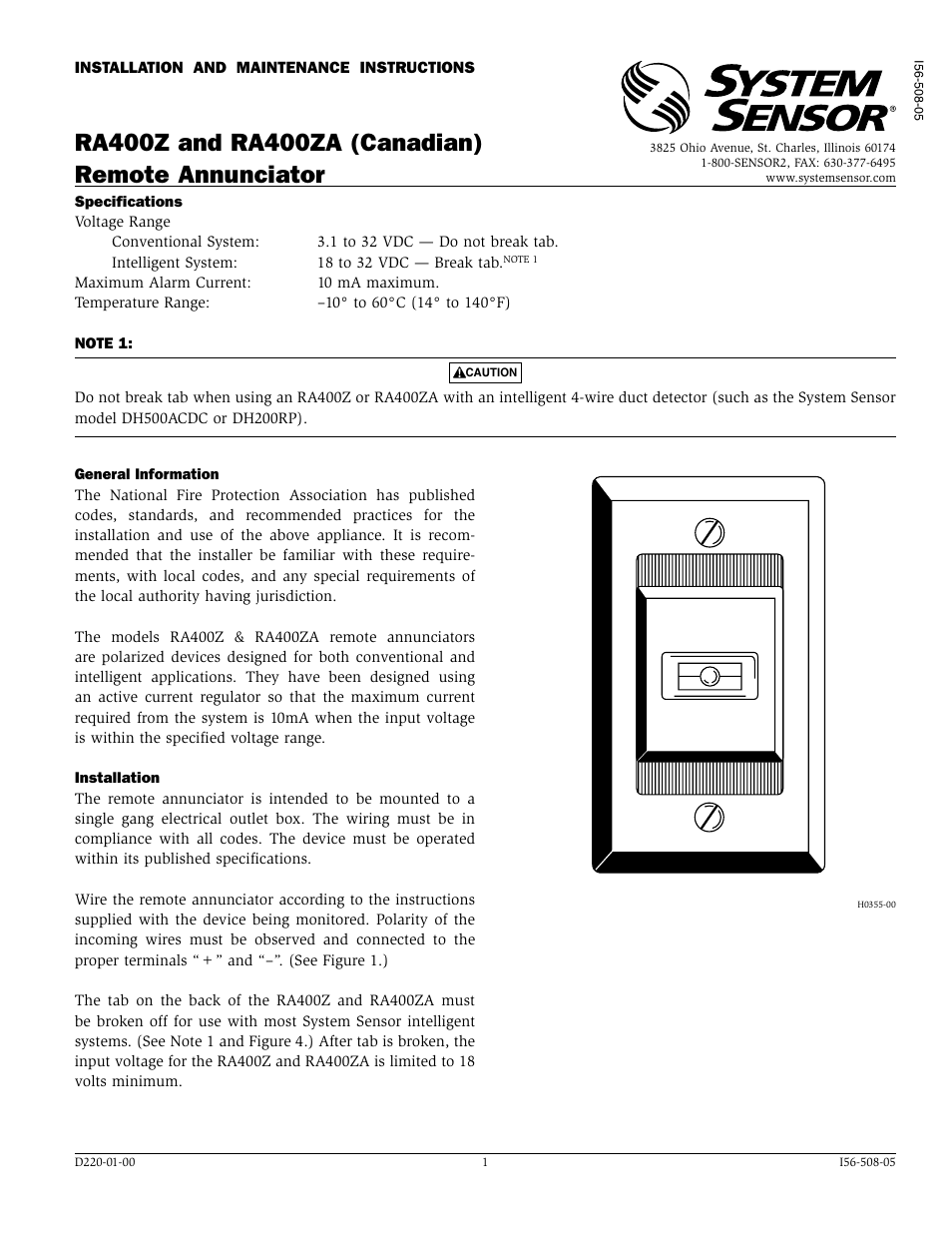 System Sensor RA400Z and RA400ZA User Manual | 2 pages