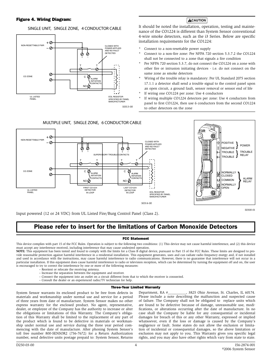 Figure 4. wiring diagram, Single unit, single zone, 4 conductor cable, Multiple unit, single zone, 6 conductor cable | System Sensor CO1224 User Manual | Page 4 / 4