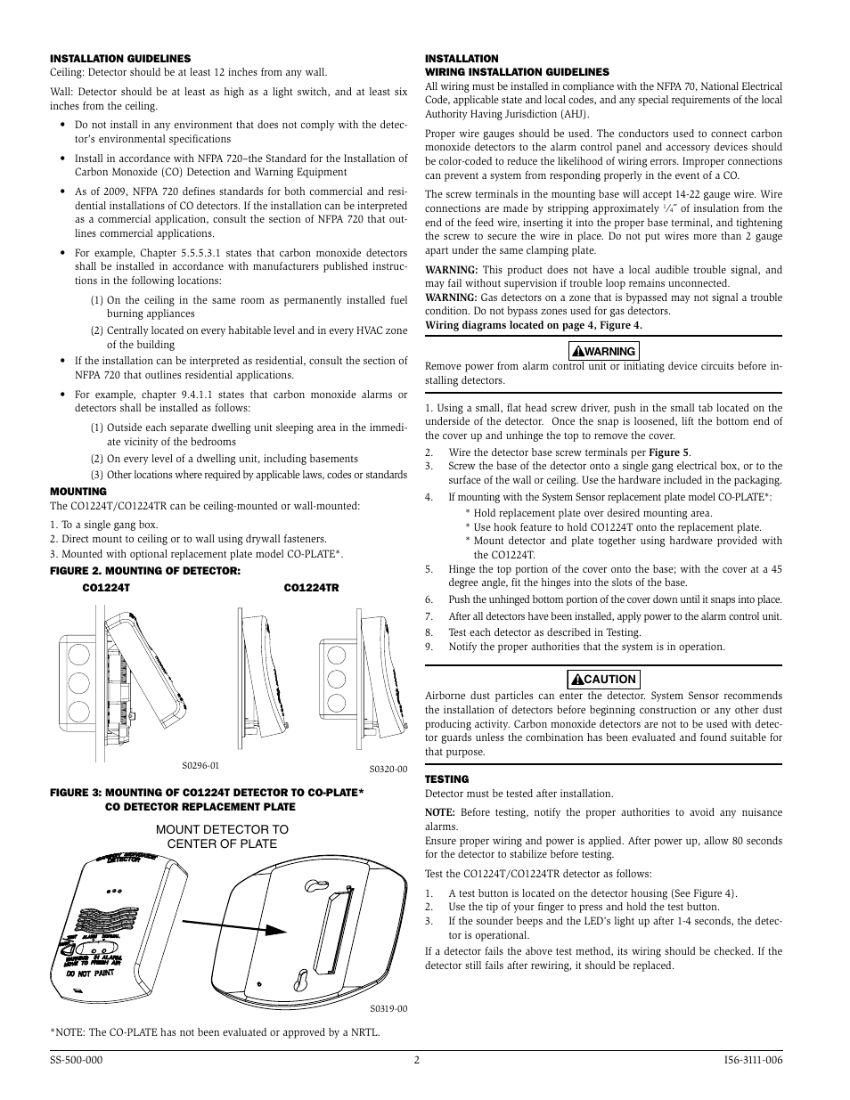 System Sensor CO1224T and CO1224TR User Manual | Page 2 / 4