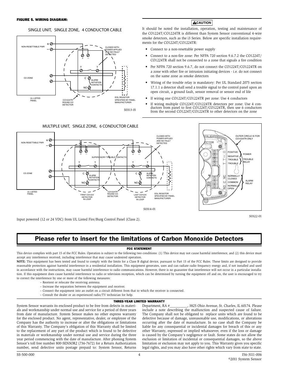 Single unit, single zone, 4 conductor cable, Multiple unit, single zone, 6 conductor cable | System Sensor CO1224T and CO1224TR User Manual | Page 4 / 4