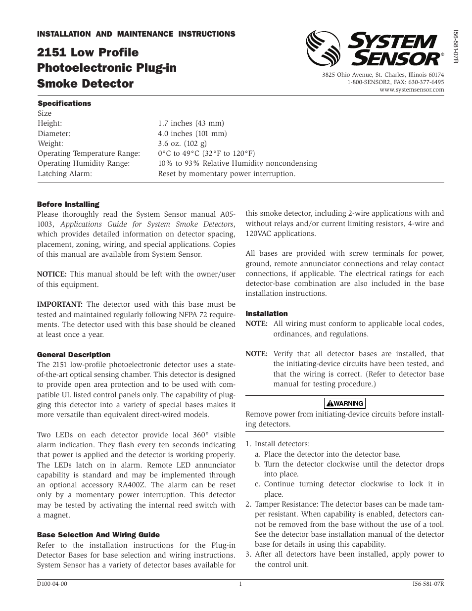 System Sensor 2151 - OLD STYLE User Manual | 4 pages