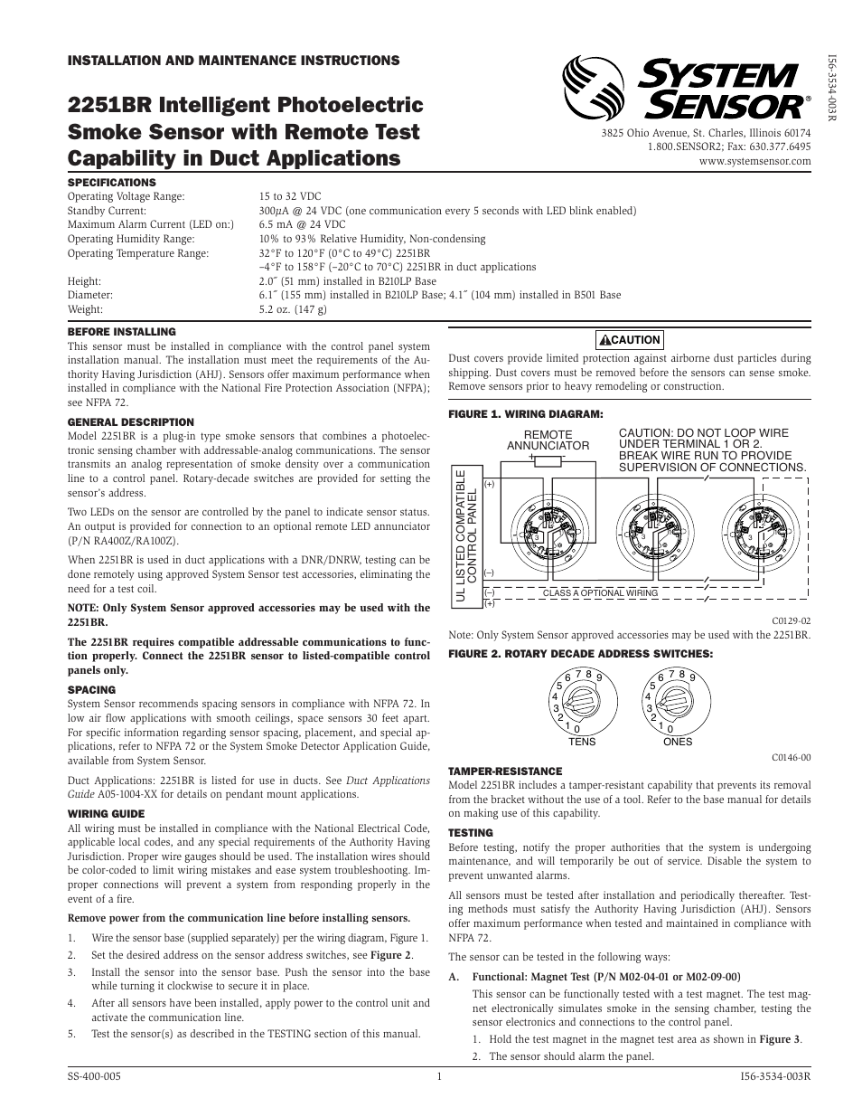 System Sensor 2251BR User Manual | 2 pages