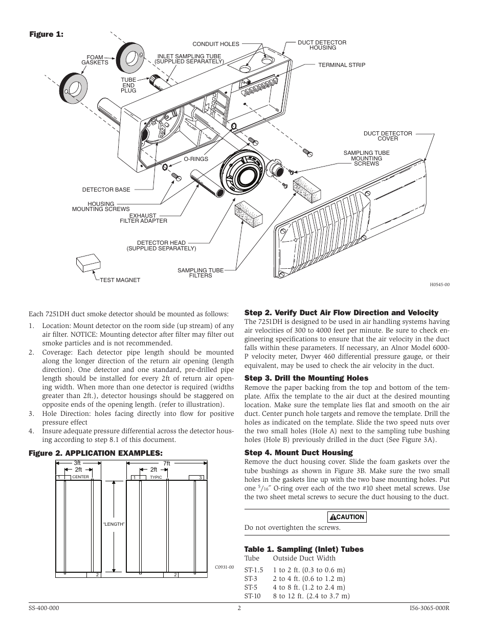 Figure 2. application examples, Step 3. drill the mounting holes, Step 4. mount duct housing | Table 1. sampling (inlet) tubes | System Sensor 7251DH User Manual | Page 2 / 8