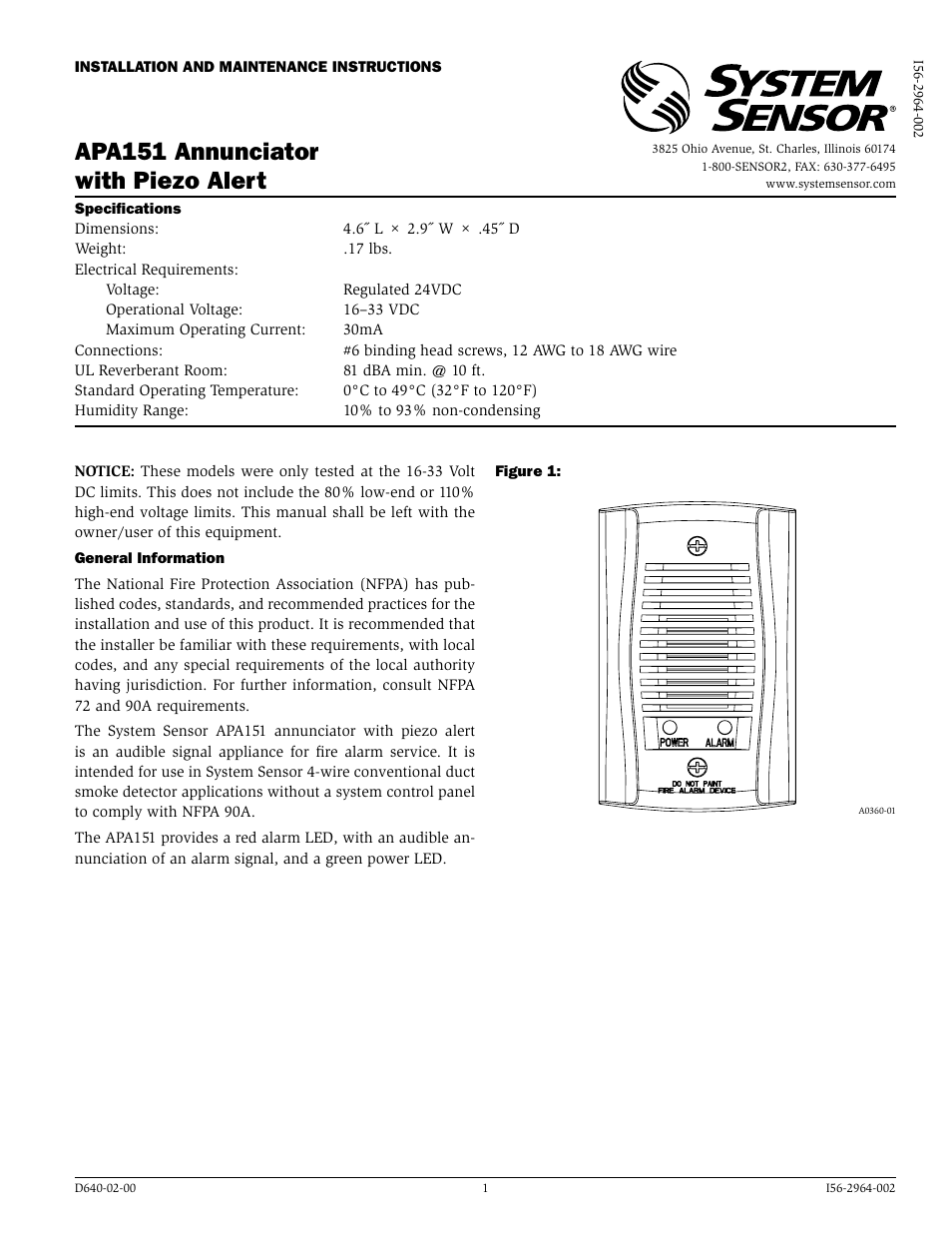 System Sensor APA151 User Manual | 2 pages