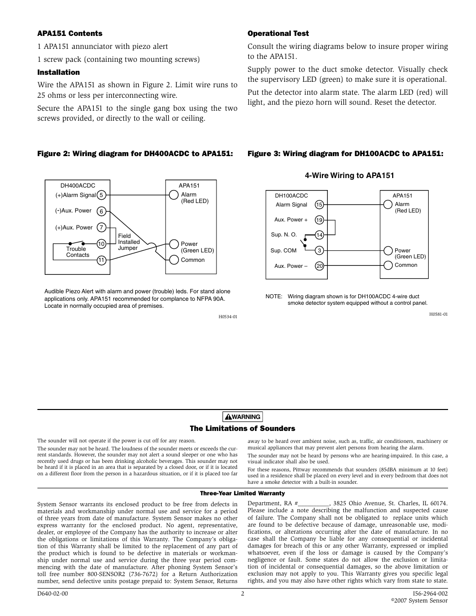 The limitations of sounders, Wire wiring to apa151 | System Sensor APA151 User Manual | Page 2 / 2