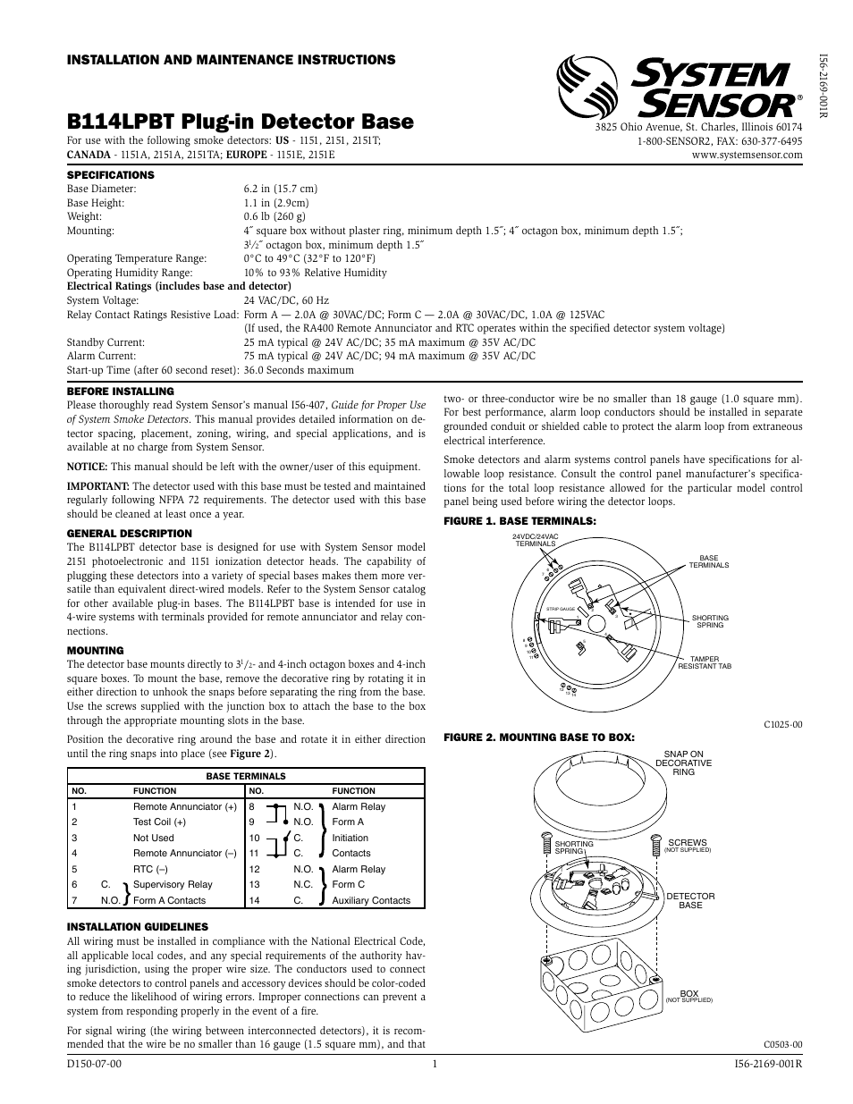 System Sensor B114LPBT User Manual | 2 pages