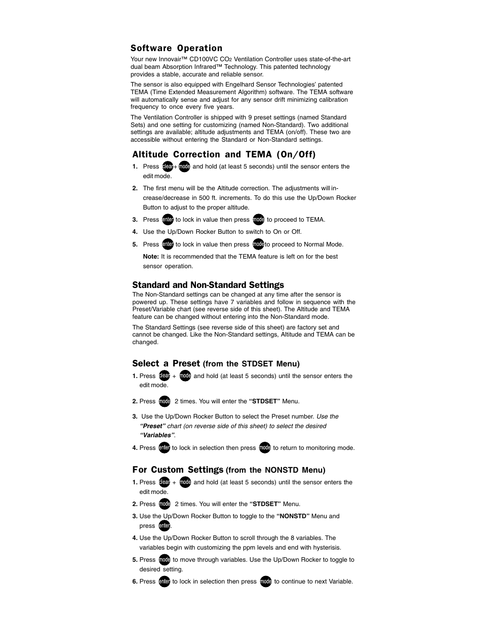 Altitude correction and tema (on/off), Standard and non-standard settings, Select a preset | For custom settings, Software operation | System Sensor CD100VC User Manual | Page 2 / 3