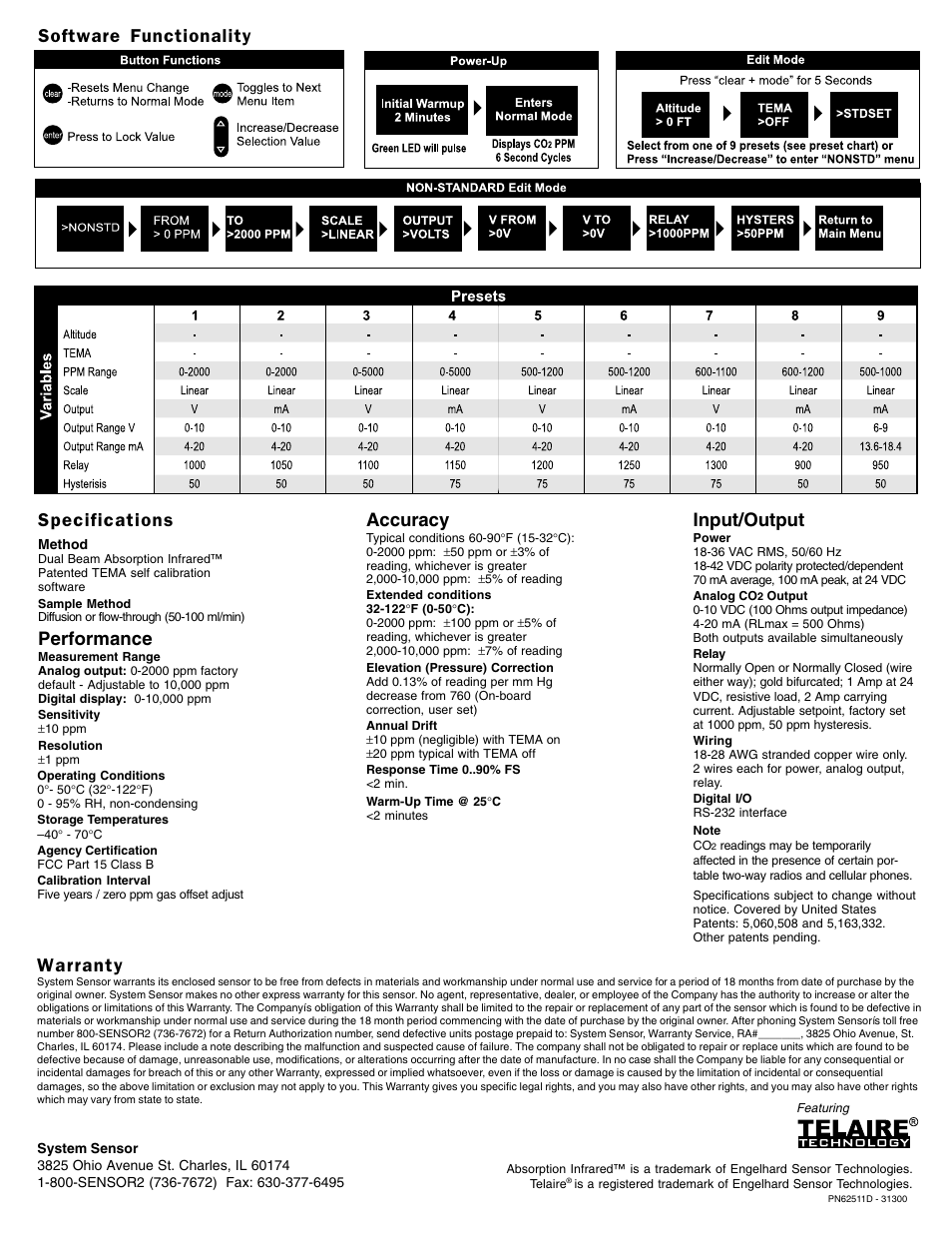 Specifications, Performance, Accuracy | Input/output, Software functionality, Warranty | System Sensor CD100VC User Manual | Page 3 / 3