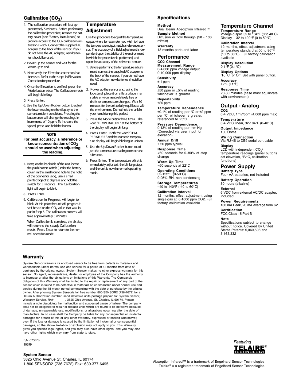 Calibration (co, T emperature adjustment, Output - analog | Power supply, Performance, Temperature channel, Warranty specifications | System Sensor CDM100M User Manual | Page 2 / 2