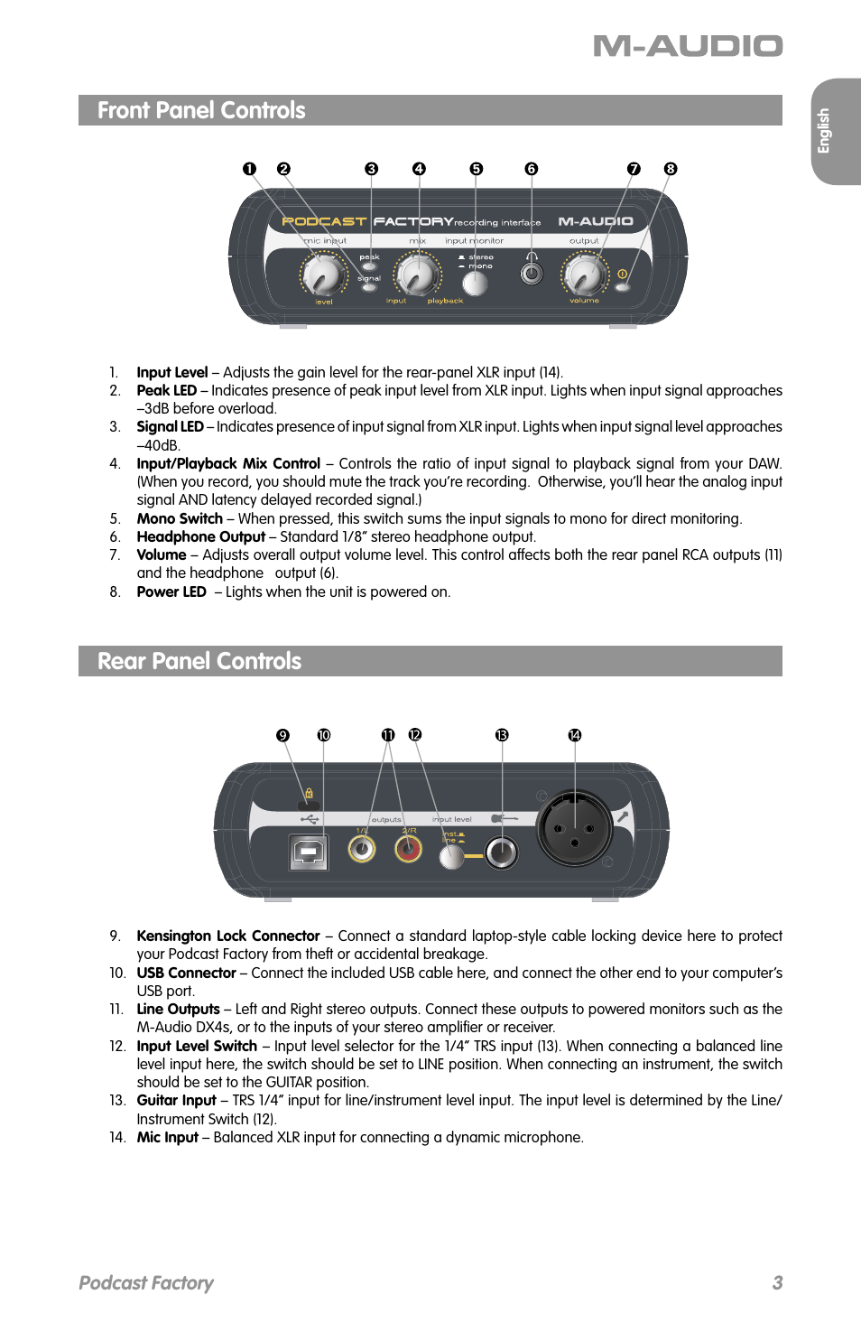 Front panel controls, Rear panel controls, Podcast factory | M-AUDIO Podcast Factory User Manual | Page 4 / 9