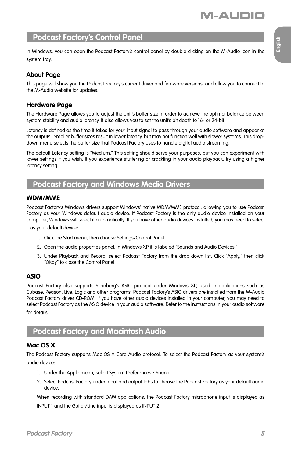 Podcast factory’s control panel, Podcast factory and windows media drivers, Podcast factory and macintosh audio | Podcast factory | M-AUDIO Podcast Factory User Manual | Page 6 / 9