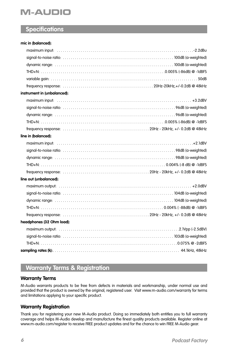 Specifications, Warranty terms & registration, Speciﬁcations | 6podcast factory, Warranty terms, Warranty registration | M-AUDIO Podcast Factory User Manual | Page 7 / 9