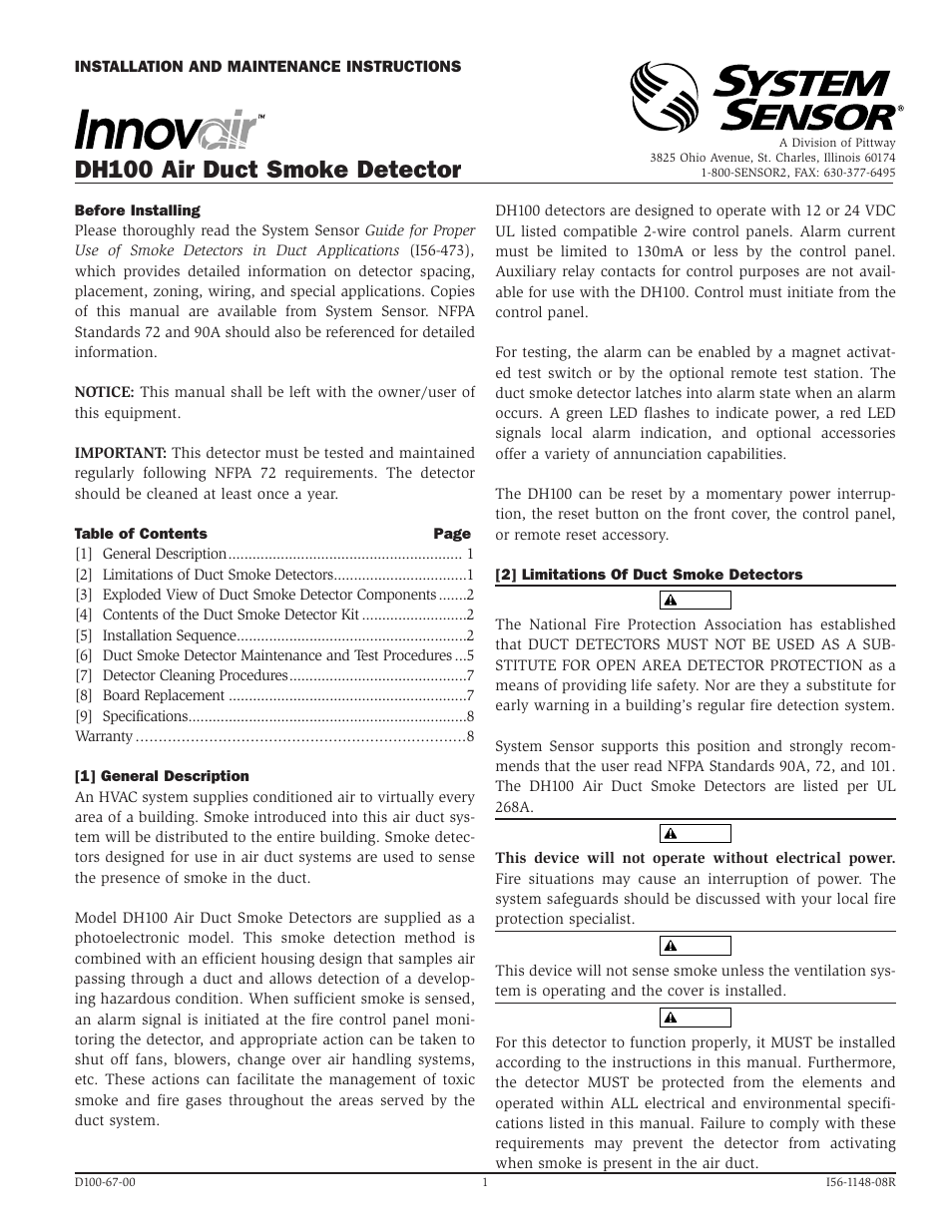 System Sensor DH100 User Manual | 8 pages