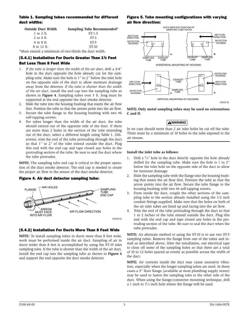 1] installation for ducts greater than 1, Feet but less than 8 feet wide, Figure 4. air duct detector sampling tube | 2] installation for ducts more than 8 feet wide | System Sensor DH100ACDCI User Manual | Page 3 / 8