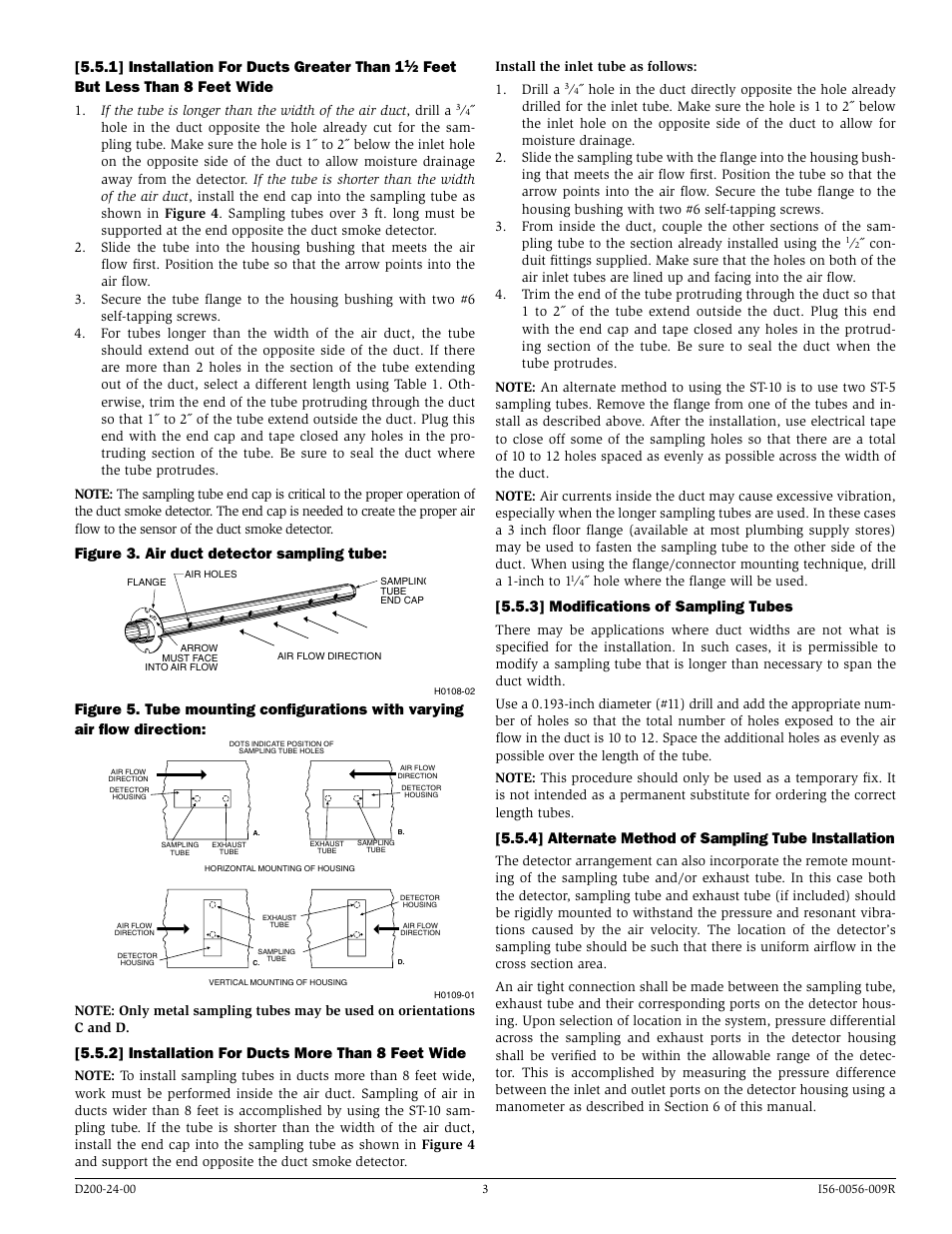 1] installation for ducts greater than 1, Feet but less than 8 feet wide, Figure 3. air duct detector sampling tube | 2] installation for ducts more than 8 feet wide, 3] modifications of sampling tubes, 4] alternate method of sampling tube installation | System Sensor DH100ACDCLWP User Manual | Page 3 / 8