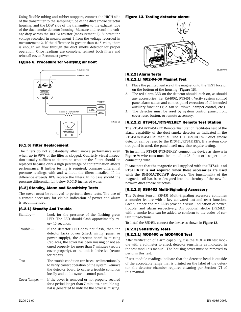 Figure 13. testing detector alarm, 3] ssk451 multi-signaling accessory, Figure 6. procedure for verifying air flow | 5] filter replacement, 2] standby, alarm and sensitivity tests, 1] standby and trouble | System Sensor DH100ACDCLWP User Manual | Page 5 / 8