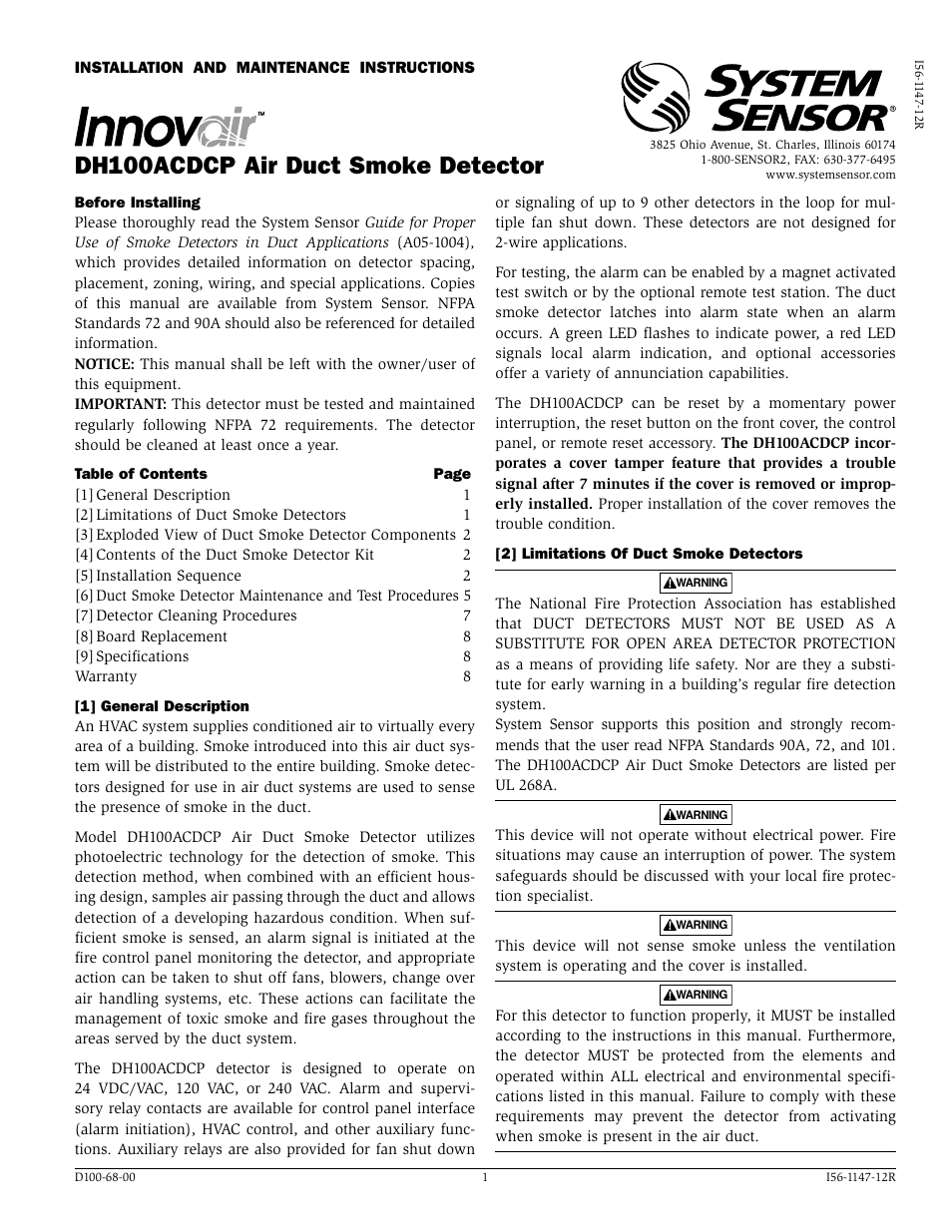 System Sensor DH100ACDCP User Manual | 8 pages