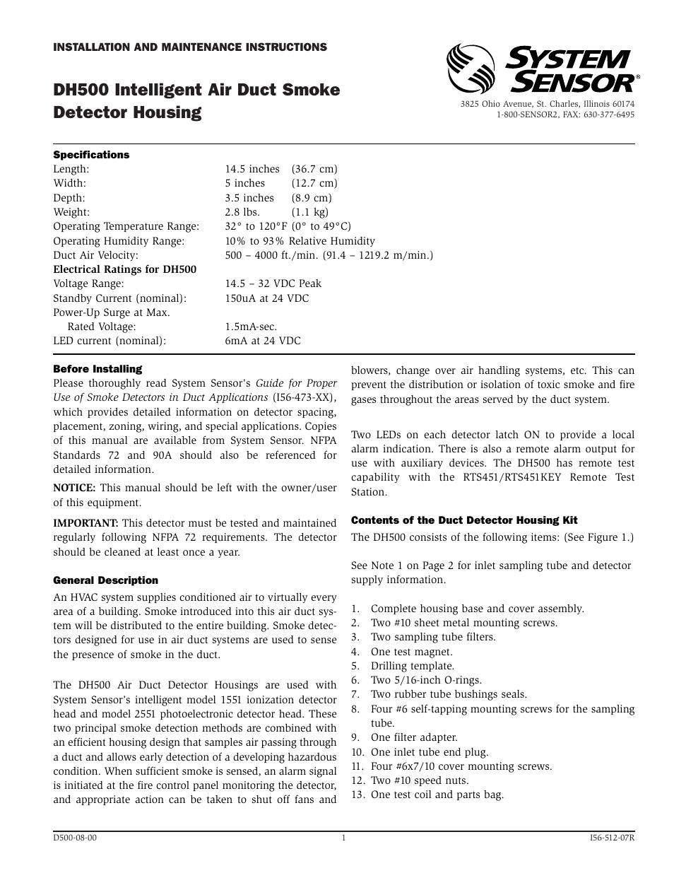 System Sensor DH500 User Manual | 12 pages