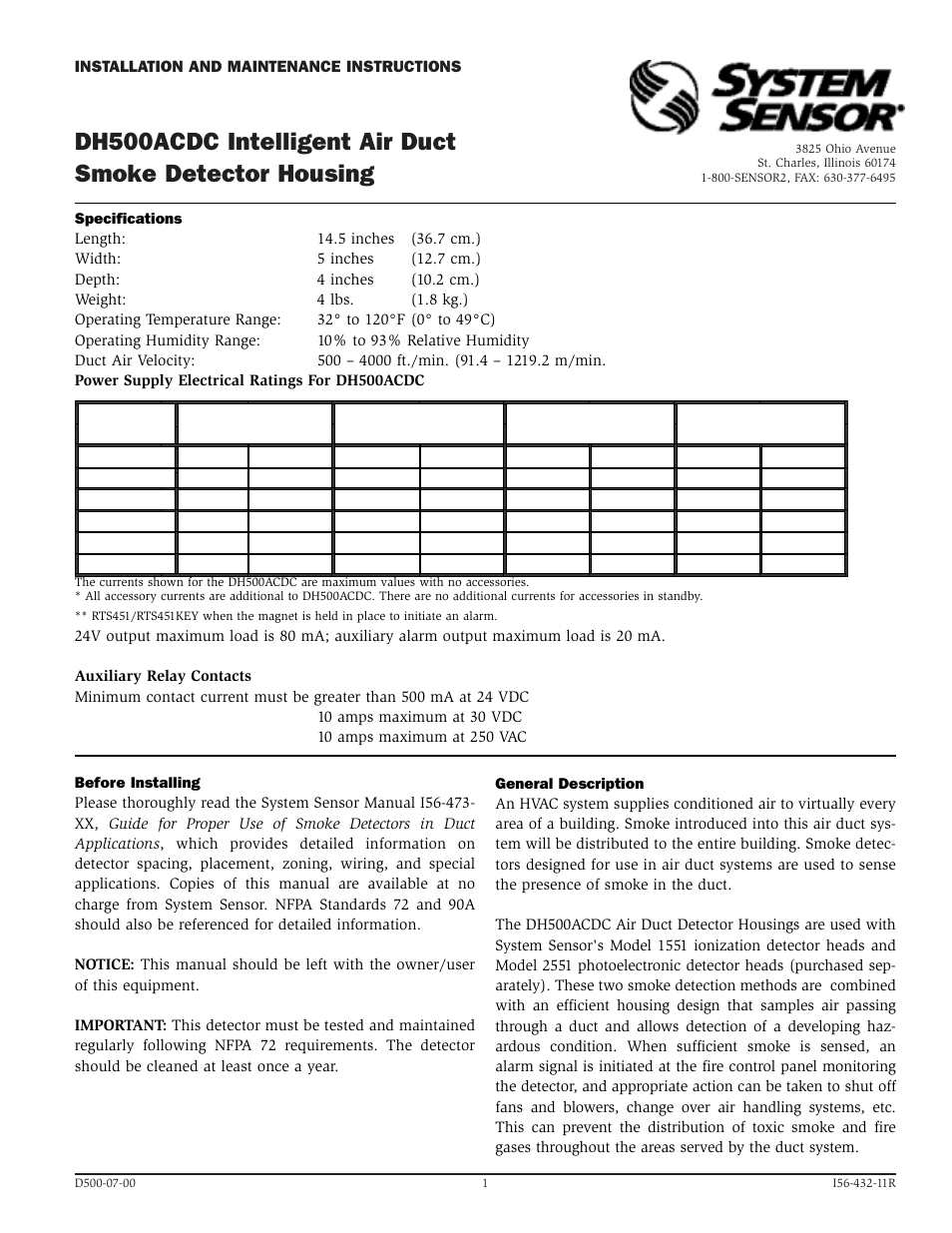 System Sensor DH500ACDC User Manual | 12 pages