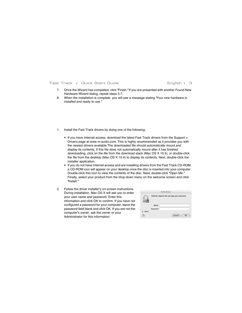 Installation instructions for mac os x | M-AUDIO Fast Track User Manual | Page 4 / 10