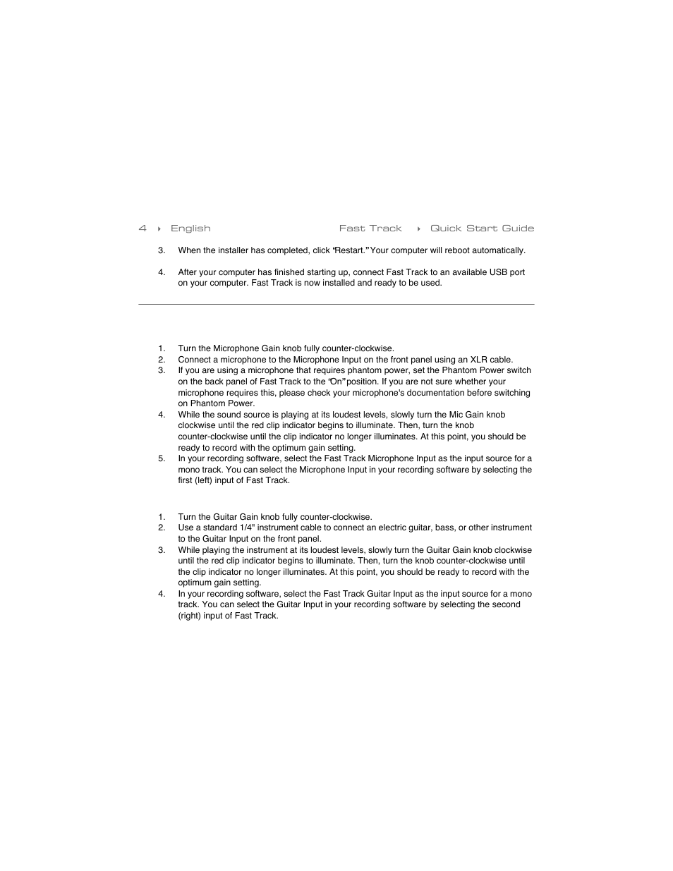 Recording with fast track, Recording using the microphone input, Recording using the guitar input | M-AUDIO Fast Track User Manual | Page 5 / 10