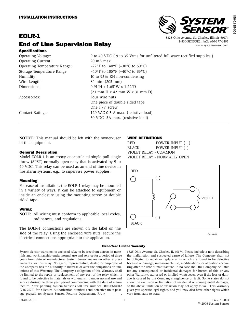System Sensor EOLR-1 User Manual | 1 page
