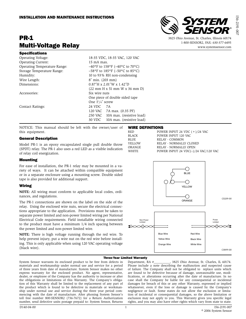 System Sensor PR-1 User Manual | 1 page