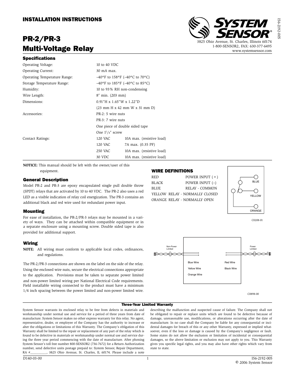 System Sensor PR-3 User Manual | 1 page