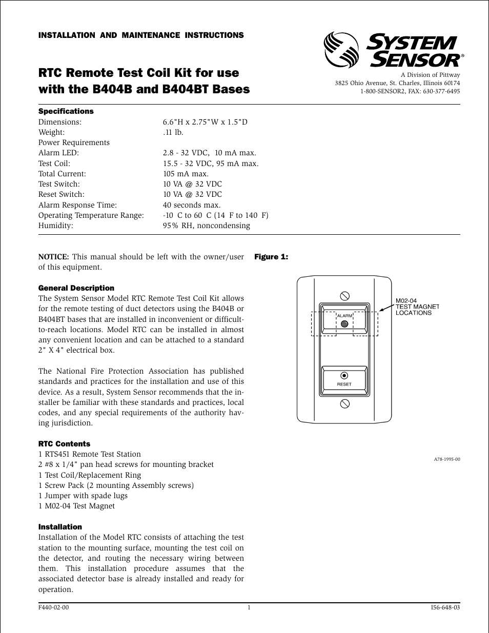 System Sensor RTC User Manual | 2 pages