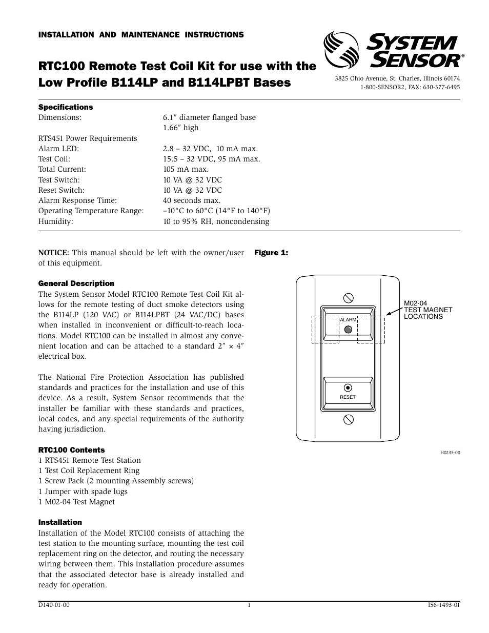 System Sensor RTC100 User Manual | 2 pages
