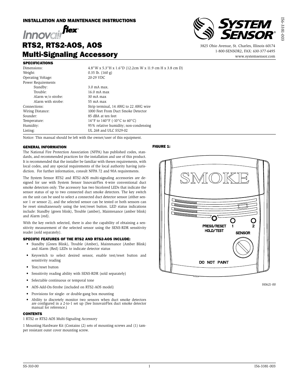 System Sensor RTS-AOS User Manual | 4 pages