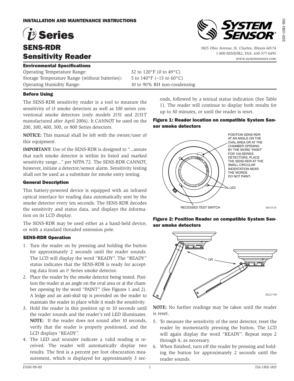 System Sensor SENS-RDR User Manual | 2 pages