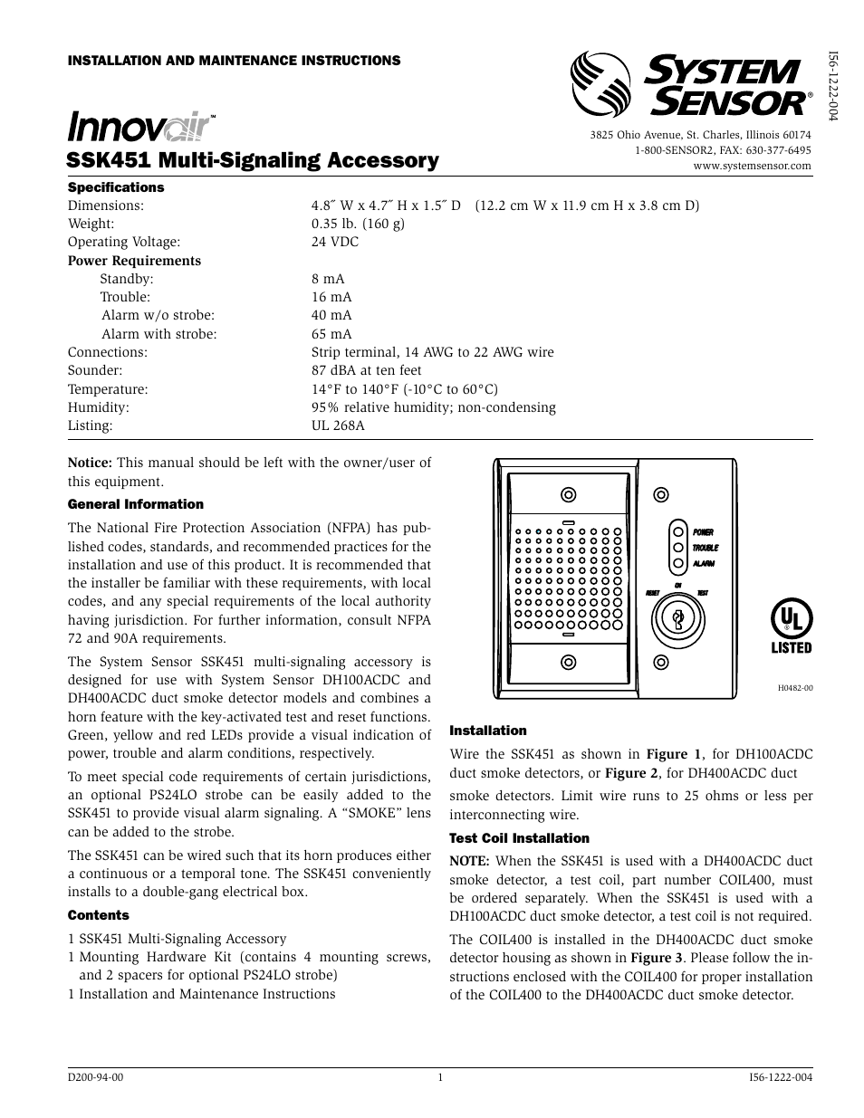 System Sensor SSK451 User Manual | 4 pages
