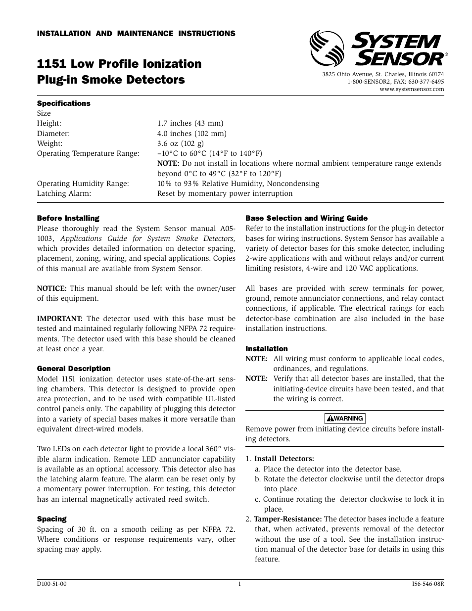 System Sensor 1151 Low Profile User Manual | 4 pages