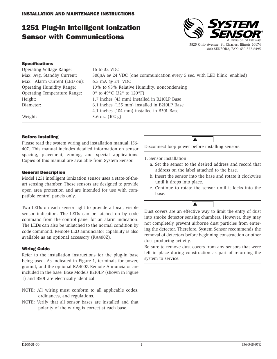 System Sensor 1251 Plug-in Intelligent User Manual | 4 pages