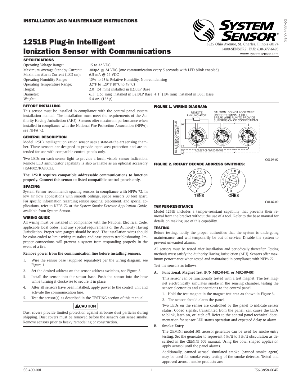 System Sensor 1251B Plug-in Intelligent User Manual | 2 pages