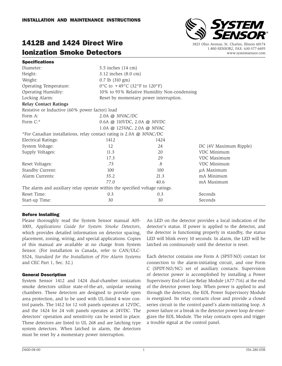 System Sensor 1412B and 1424 Direct Wire User Manual | 4 pages