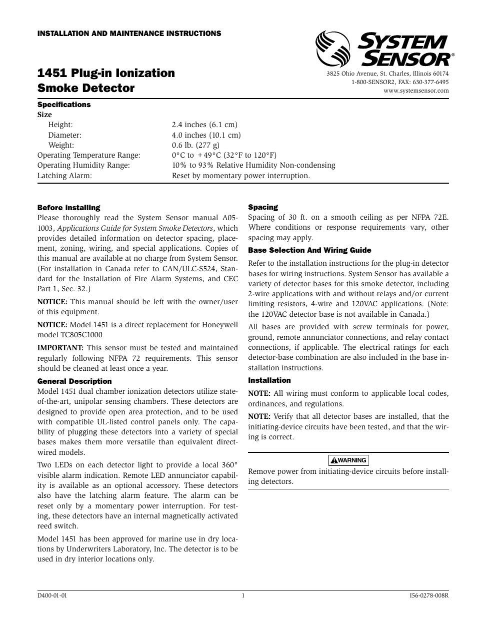 System Sensor 1451 Plug-in Intelligent User Manual | 4 pages