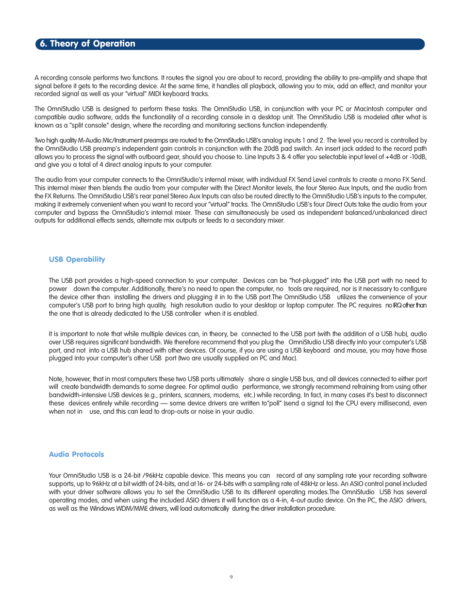 Theory of operation, Usb operability, Audio protocols | M-AUDIO OmniStudio USB User Manual | Page 10 / 45