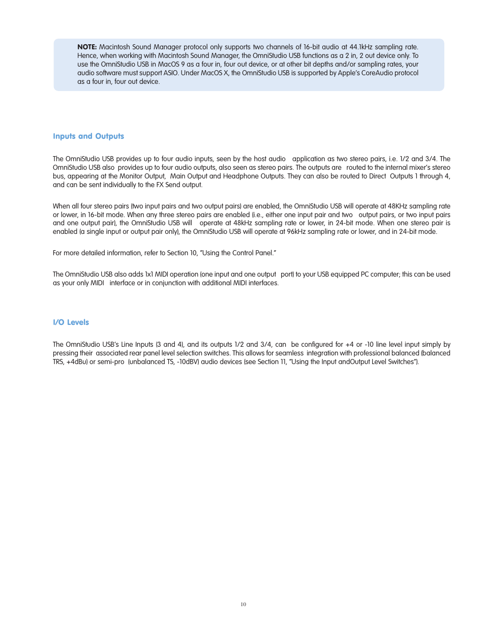 Inputs and outputs, I/o levels | M-AUDIO OmniStudio USB User Manual | Page 11 / 45