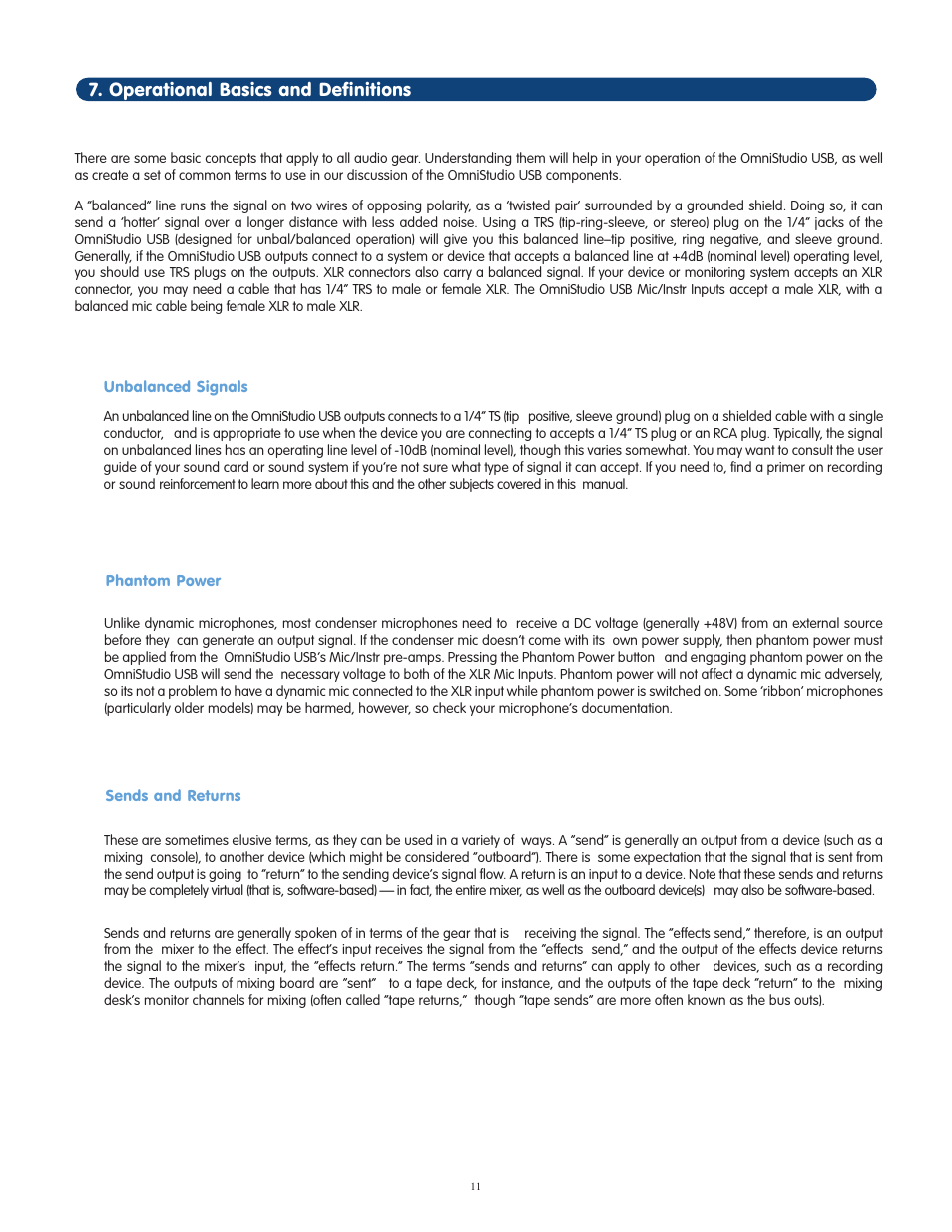 Operational basics and de, Unbalanced signals, Phantom power | Sends and returns, Operational basics and definitions, Plugs and jacks | M-AUDIO OmniStudio USB User Manual | Page 12 / 45