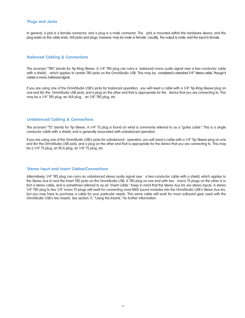 Plugs and jacks, Balanced cabling & connections, Unbalanced cabling & connec | Stereo input and insert cab, Unbalanced cabling & connections, Stereo input and insert cables/connections, Line levels vs. mic/instr levels, Virtual tracks | M-AUDIO OmniStudio USB User Manual | Page 13 / 45